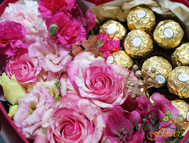 Burgundy Velvet Heart with Flowers and Ferrero Rocher Chocolate photo